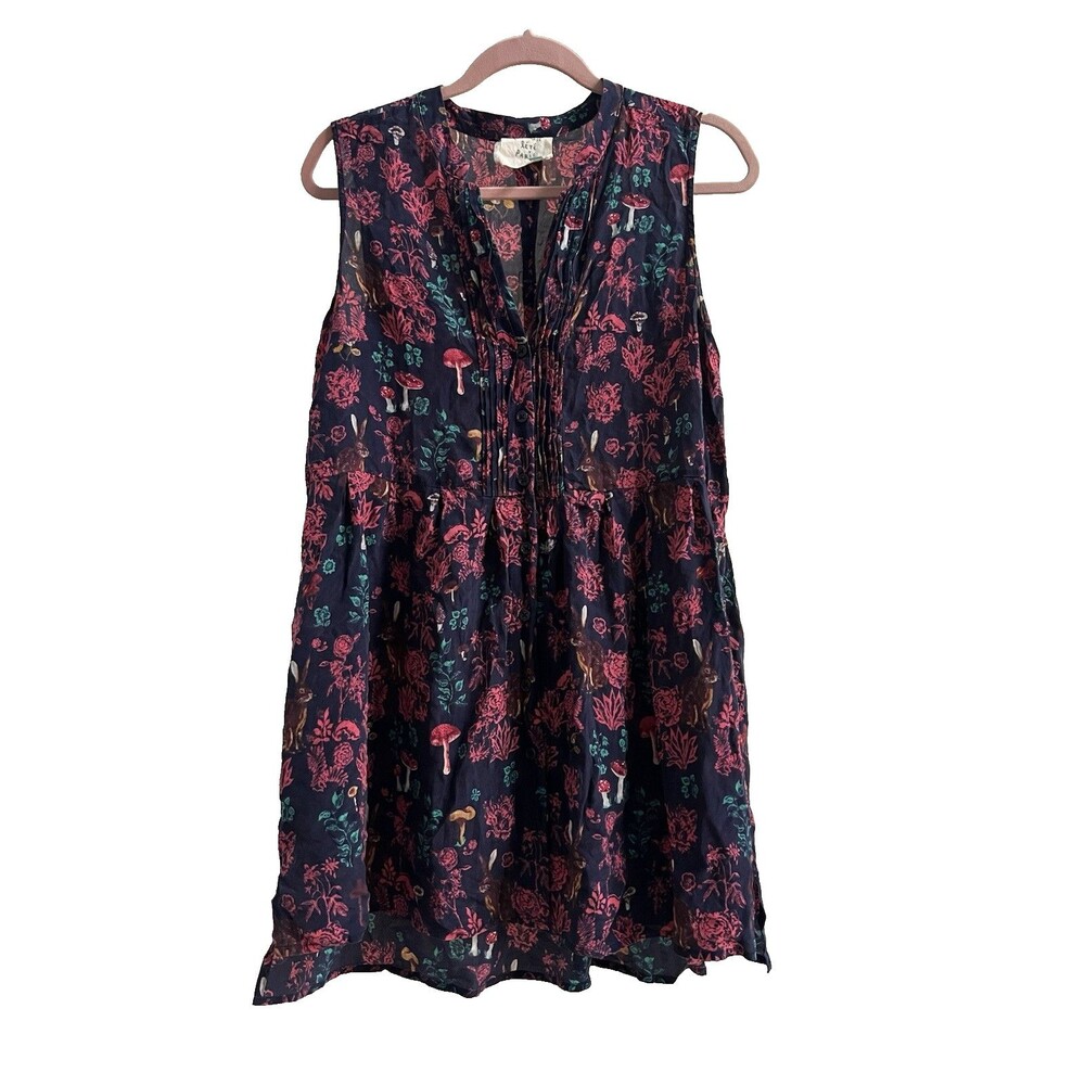 Anthropologie Navy Floral Sleeveless Tunic Dress with Pink & Teal Motif